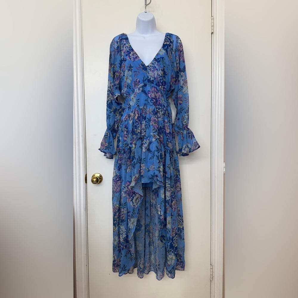 Steve Madden Women's Sol Floral Long Sleeve High-Low Chiffon Dress Blue Size S